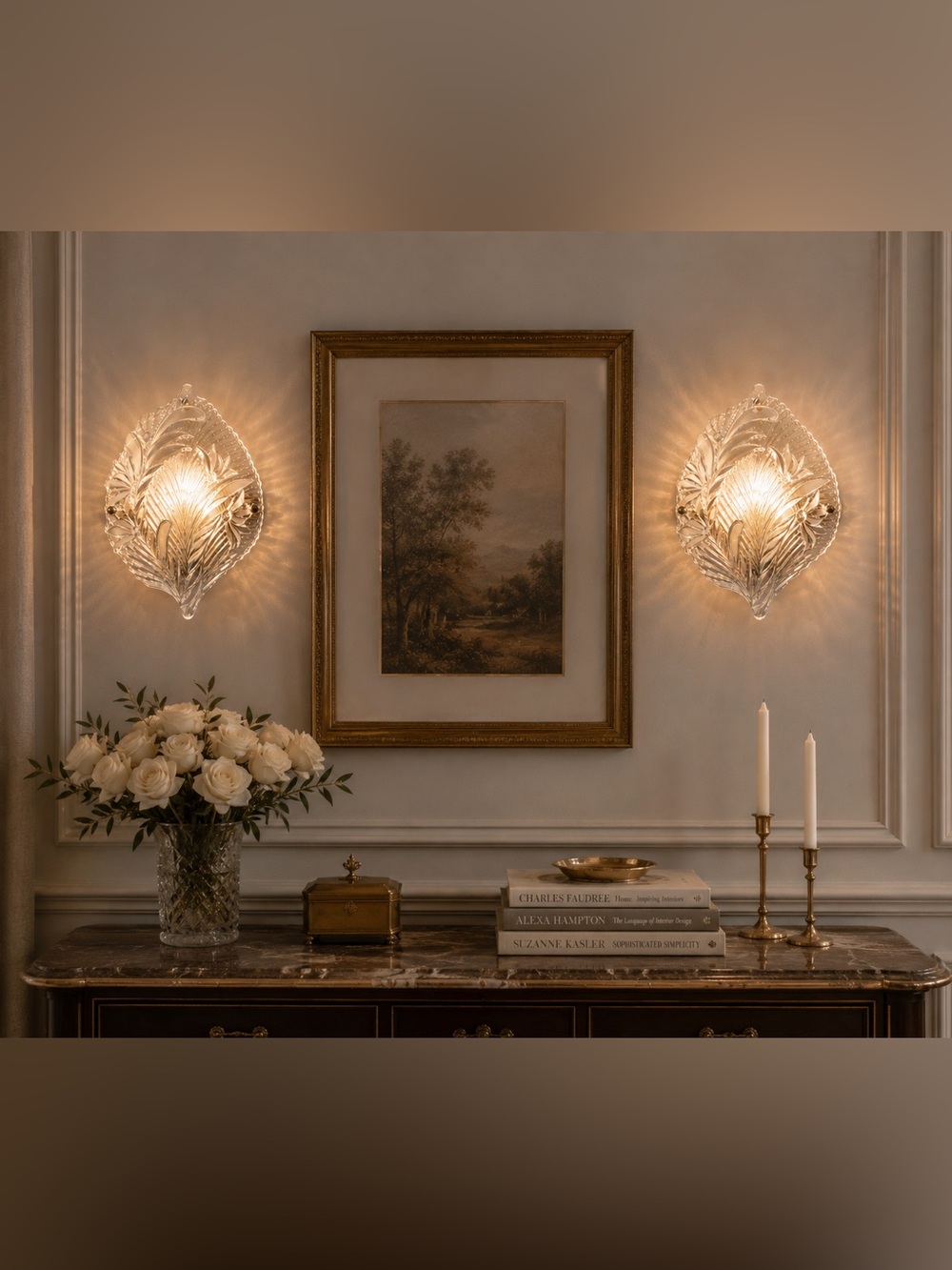 Pair Vintage Crystal & Brass Floral Palm Leaf Wall Sconces Hollywood R